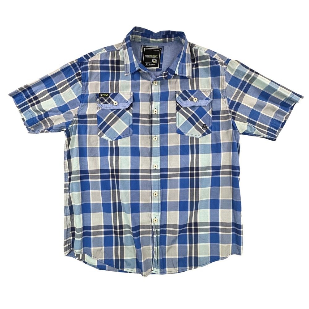 Akademiks Mens 2X Large Blue Plaid Short Sleeve Button Down Shirt Pockets